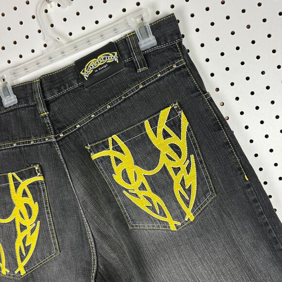 Evolution‎ in Design Gothic Jorts Sz 38 Black Denim Riveted Stitched Skater Punk - Picture 3 of 7